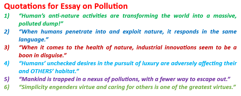 Quotations for a short essay on environmental pollution.