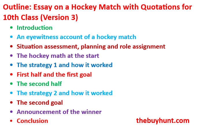 Outline: (Version 3) English Essay on a Hockey Match with Quotations for 10th Class