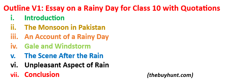 V1, Outline: English essay on a rainy day for class 10 with quotations.